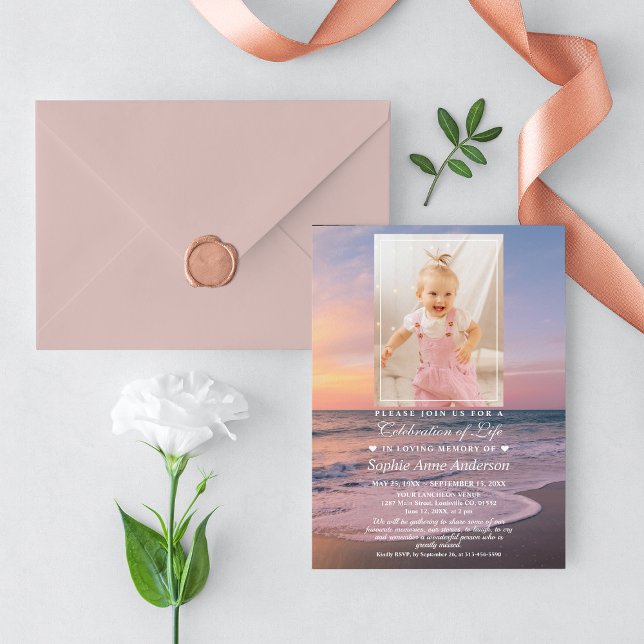 Invitation Ocean Beach Funeral Celebration of Life Girl Photo (Créateur téléchargé)