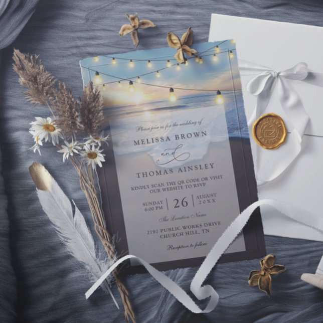 Invitation Ocean Beach Seaside String Lights QR Code Wedding (Créateur téléchargé)