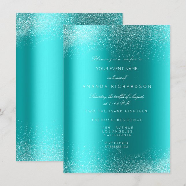 Invitation Ocean Bleu Pailleté Sable Mariage Anniversaire (Devant / Derrière)