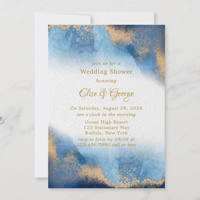 Invitation Ocean Blue Golden Watercolor Wedding shower (Devant)