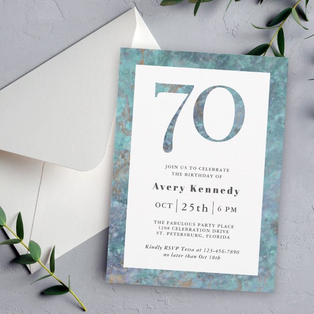 Invitation Ocean Blue Marble Moderne 70e fête d'anniversaire (Ocean Blue Marble 70th Birthday Party Invitation)