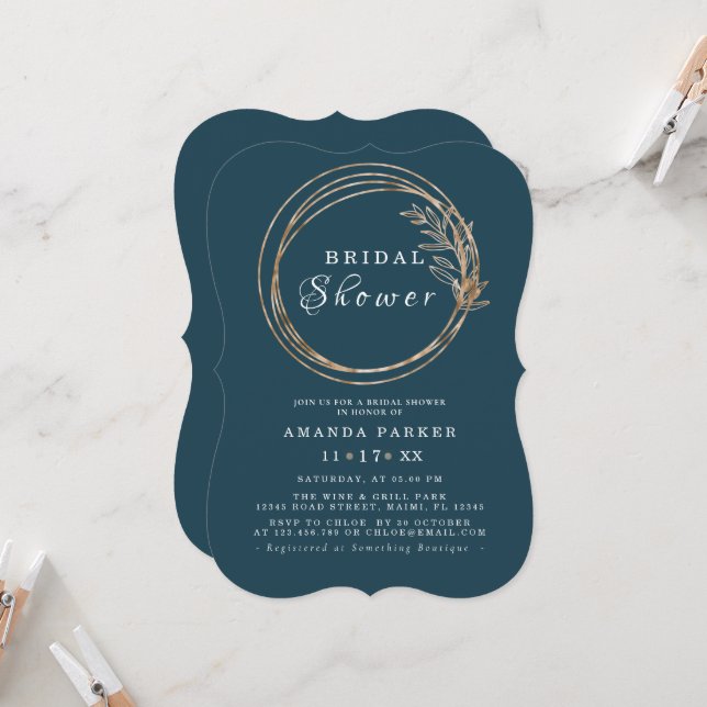 Invitation Ocean Blue Olive Golden Wreath Fête des mariées (Devant/Arrière en situation)
