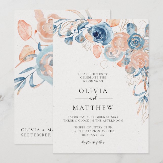 Invitation Ocean Blue Rose Coral Destination Mariage (Devant / Derrière)