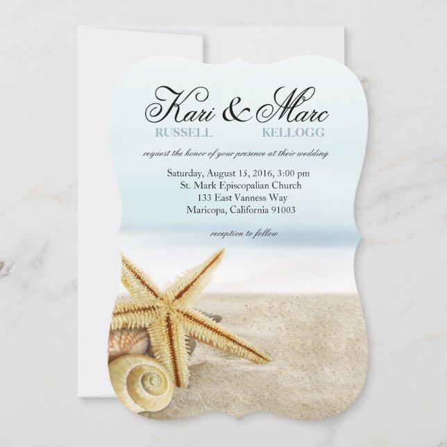 Invitation Océan de coquillages d'étoiles de mer de mariage (Devant)