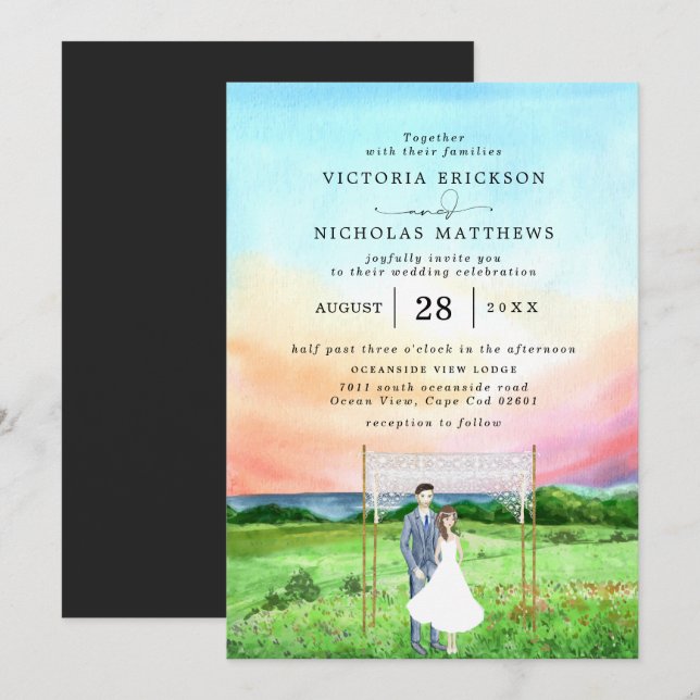 Invitation Océan du coucher du soleil | Elégant Mariage aquar (Devant / Derrière)