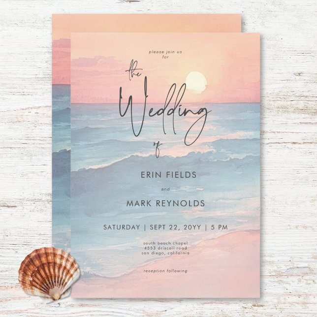 Invitation Ocean moderne Sunset Watercolor Beach Wedding (Modern Ocean Sunset Watercolor Beach Wedding Invitation)