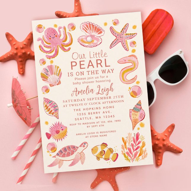 Invitation Océan Pearl Sea Créatures Baby shower fille rose (Créateur téléchargé)