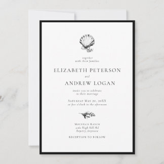 Invitation Ocean Seashell Modern Minimal Black White Wedding