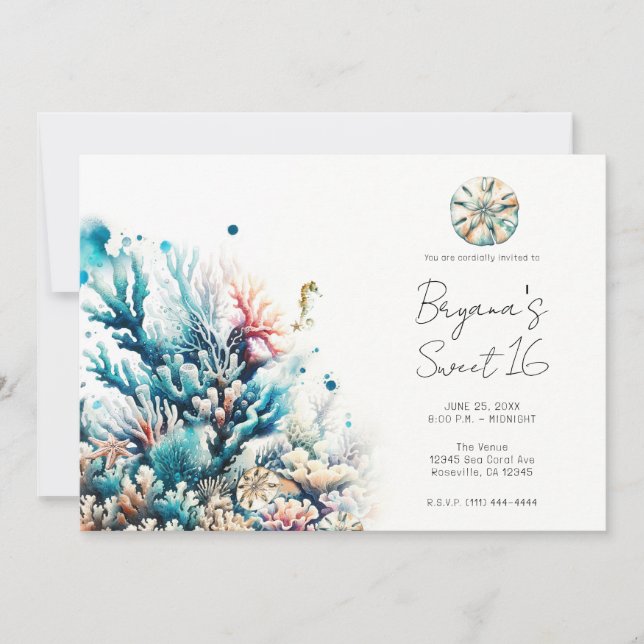 Invitation Ocean Splash Sea Coral Aquarelle Sweet 16 (Devant)