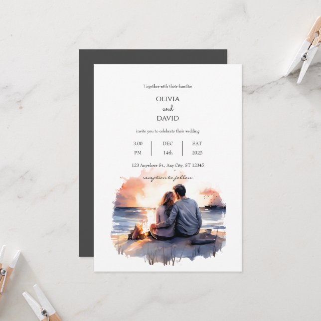 Invitation Ocean Sunset Romantique Couple Scenery Plage Maria (Devant/Arrière en situation)