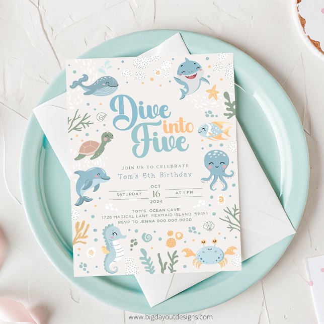 Invitation Ocean Themed 6th Birthday Invitation. Kids Ocean (Under the Sea - Boy 5th Birthday Invitation)