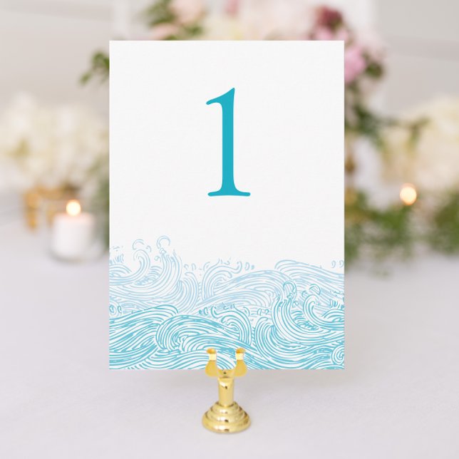 Invitation Ocean Waves Beach Wedding Aqua Blue Table Numéro (Beach Wedding Table Number with Aqua Blue Waves from Nautical Stationery designer Concertina Press)