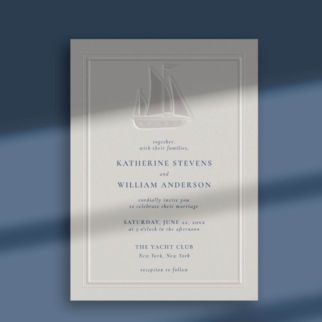 Invitation Ocean Yacht Faux Embossé Moderne Classique Mariage (nautical beach boat yacht coastal ocean wedding invitation faux embossed typography pearl navy blue)