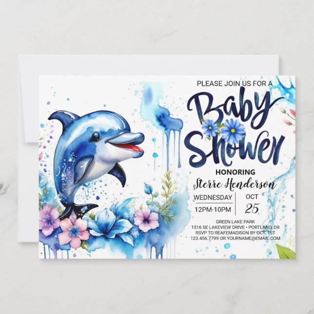 Invitation Ocean's Embrace : Baby shower dauphin (Devant)