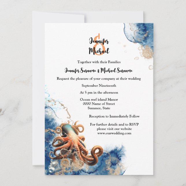 Invitation Octopus bleu orange océan vagues côtier chic (Devant)