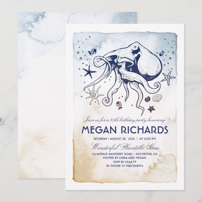 Invitation Octopus Nautical - Sous la fête d'anniversaire de  (Devant / Derrière)