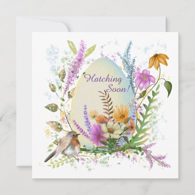Invitation OEuf blanc petit oiseau fleurs colorées floral (Devant)
