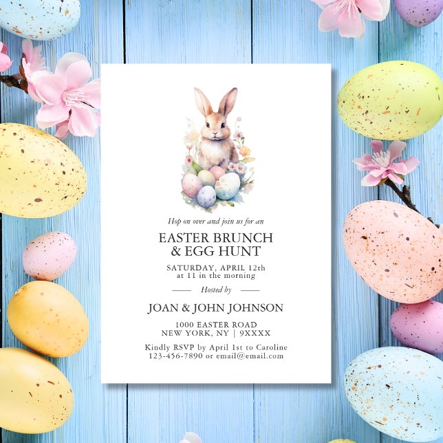 Invitation OEufs d'aquarelle de lapin Pâques BRUNCH & CHASSE (Bunny Watercolor Eggs Easter BRUNCH & HUNT Invitation)