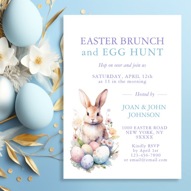 Invitation OEufs d'aquarelle de lapin Pâques BRUNCH & CHASSE (Bunny Watercolor Eggs Easter BRUNCH & HUNT Invitation)