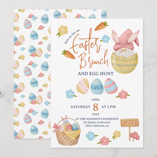 Invitation Œufs de brunch de Pâques Gnome Aquarelle (Devant / Derrière)