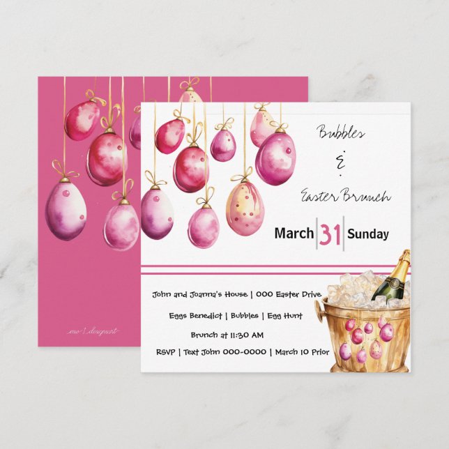 Invitation Oeufs de Pâques, bulles et brunch de Pâques (Devant / Derrière)