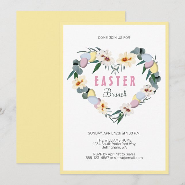 Invitation Oeufs de Pâques jaunes Fleurs Courbe de coeur Brun (Devant / Derrière)