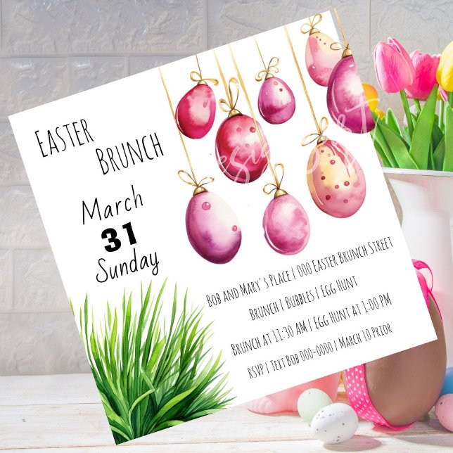 Invitation Oeufs de Pâques roses et un filet d'herbe verte (Easter Brunch customizable invitations with pink easter eggs | gold and green. )