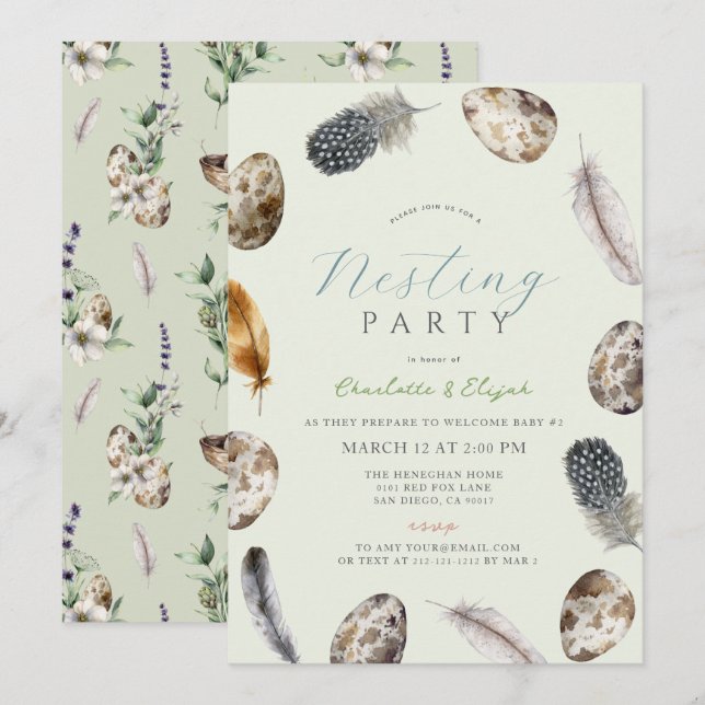 Invitation Oeufs et plumes Baby shower de la fête de nidifica (Devant / Derrière)