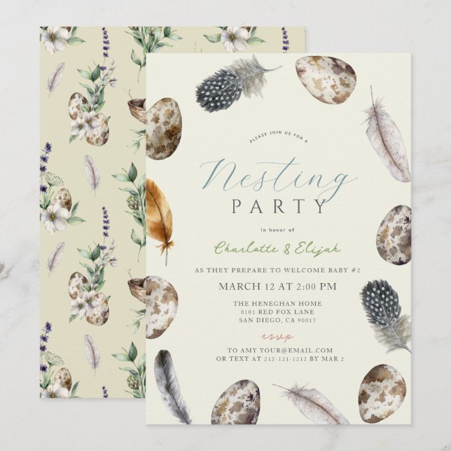 Invitation Oeufs et plumes Baby shower de la fête de nidifica (Devant / Derrière)