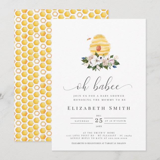 Invitation Oh Babee Aquarelle Abee Baby shower Floral Jaune (Devant / Derrière)