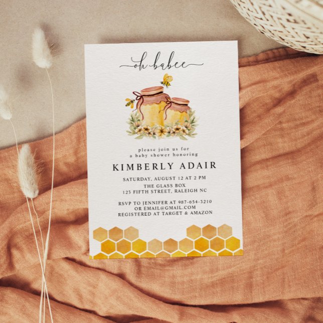 Invitation Oh Babee Aquarelle Jaune Bumble Bee Floral (Oh Babee Yellow Watercolor Floral Baby Shower Invitation)