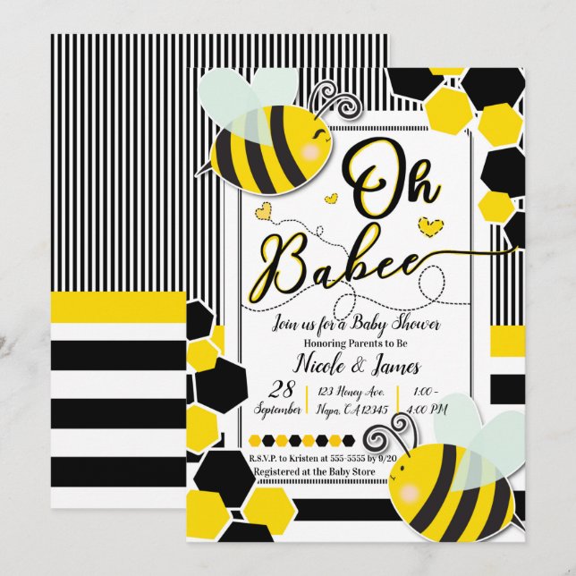 Invitation Oh BaBEE Bee Baby shower Baby shower blanc (Devant / Derrière)