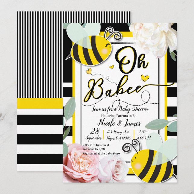 Invitation Oh BaBEE Bee Floral Chic Baby shower Jaune (Devant / Derrière)