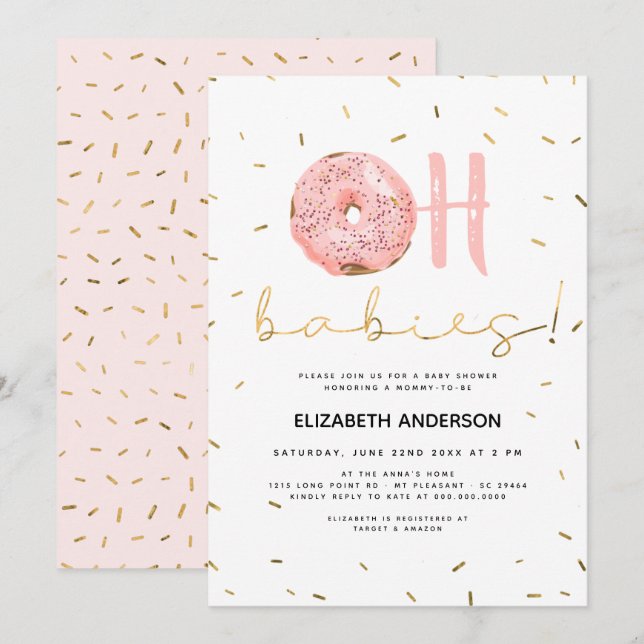 Invitation Oh Babies Donut & Sprinkles Gold Girl Baby shower (Devant / Derrière)