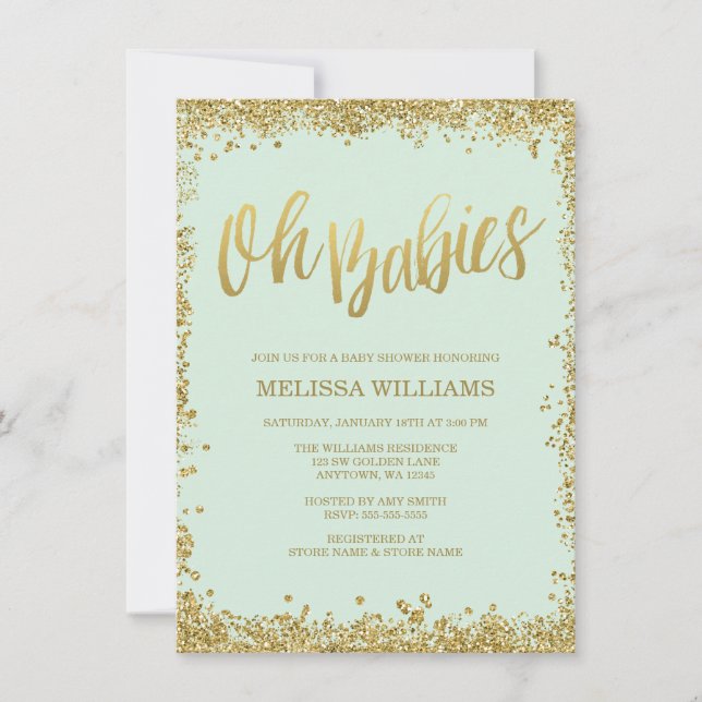 Invitation Oh Babies Mint Baby shower Parties scintillant or (Devant)