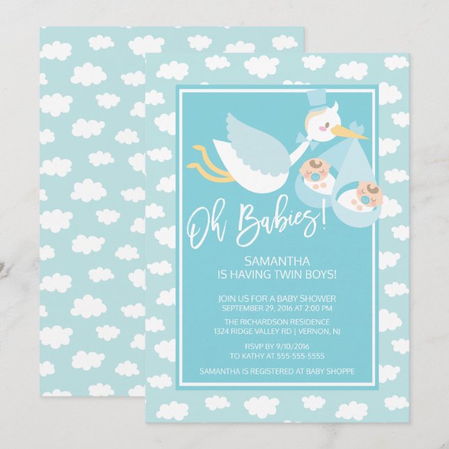 Invitation Oh Babies ! Stork jumeaux garçons Baby shower Invi (Devant / Derrière)