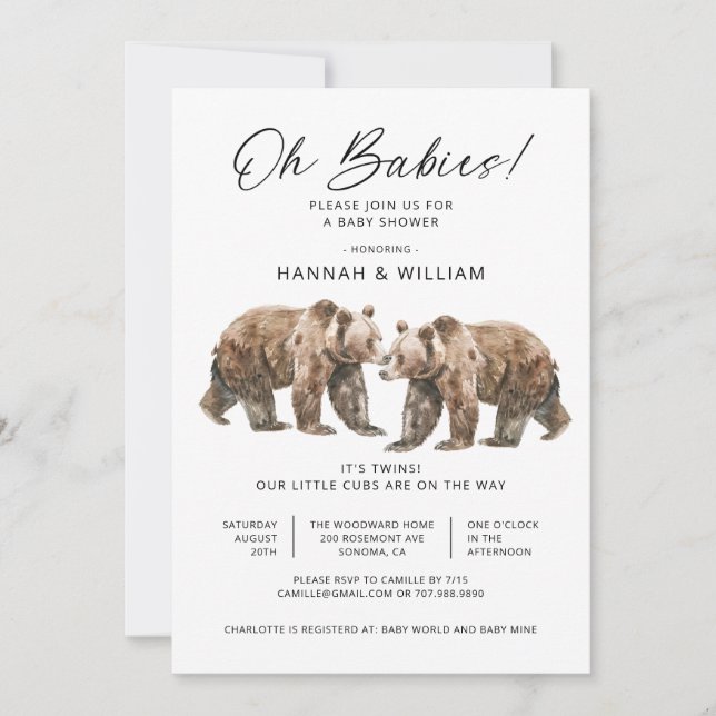 Invitation Oh Babies Twins Aquarelle Ours Baby shower (Devant)