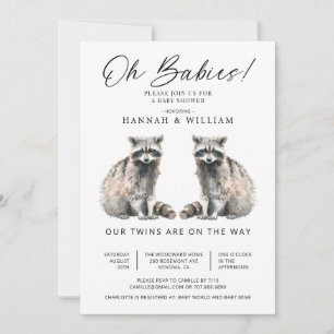 Invitation Oh Babies Twins Aquarelle Raccoons Baby shower