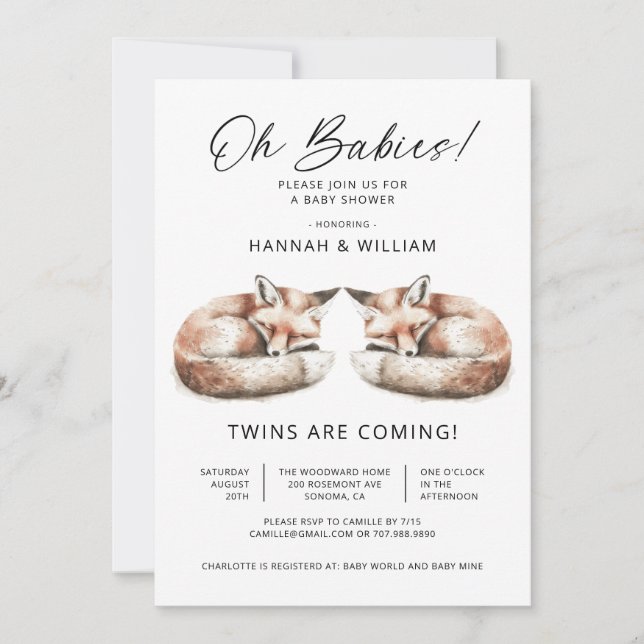 Invitation Oh Babies Twins Little Foxes Baby Shower (Devant)