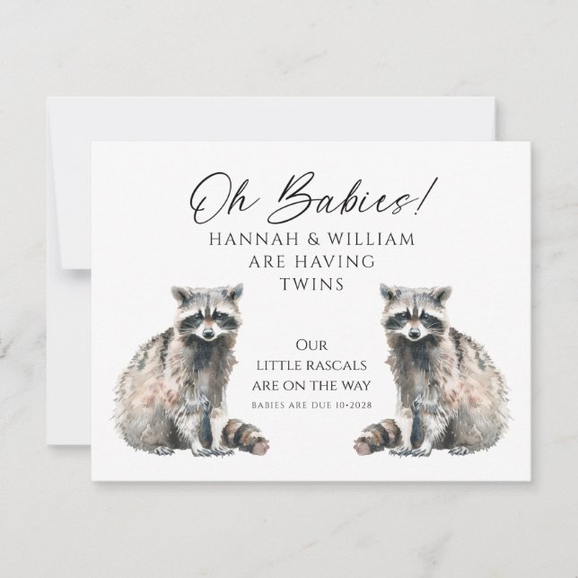 Invitation Oh Babies Twins On The Way Cute Raccoons (Devant)