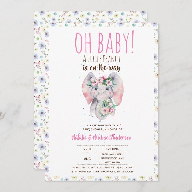 Invitation Oh Baby A Little Peanut Boho Elephant Boho Fleurs (Devant / Derrière)