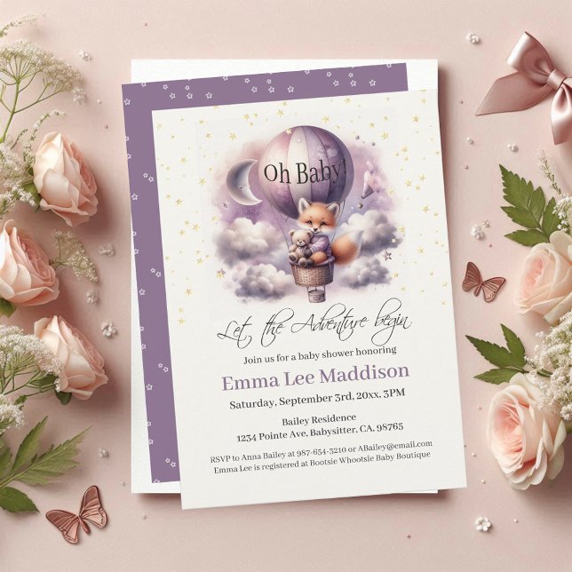 Invitation Oh Baby Adventure Await Fox in Hot Air Balloon (Créateur téléchargé)