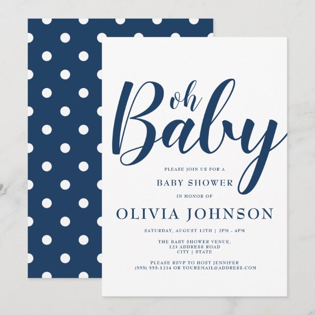 Invitation Oh Baby - Baby shower à points bleu marine Polka (Devant / Derrière)