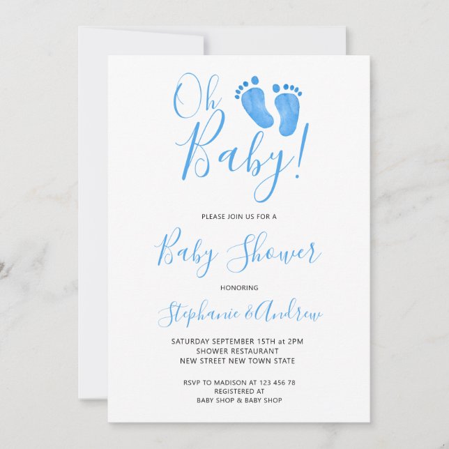 Invitation Oh Baby Baby shower bleu (Devant)