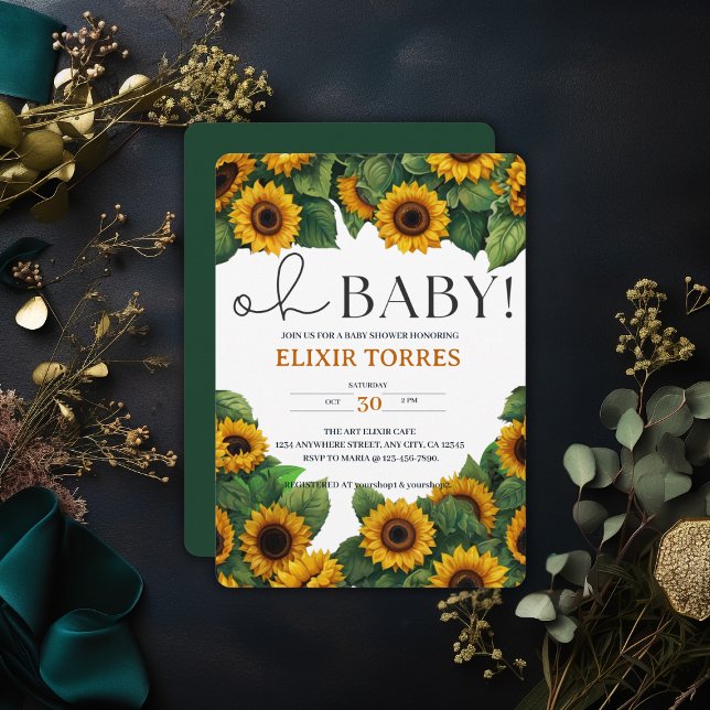 Invitation "Oh Baby" Baby shower de tournesol moderne et élég (Créateur téléchargé)