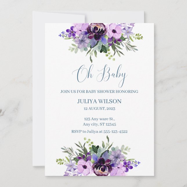 Invitation Oh Baby baby shower fleuri pourpre (Devant)