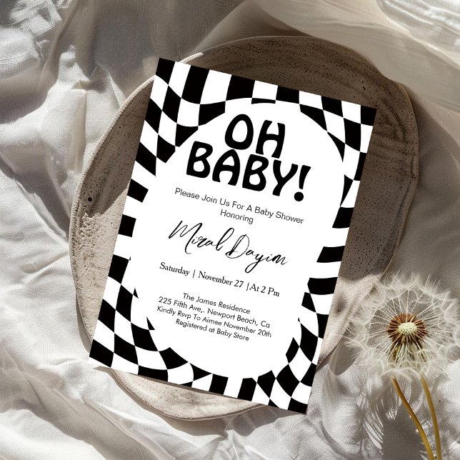 Invitation Oh Baby! Black Checkered Modern Baby Shower  (Créateur téléchargé)