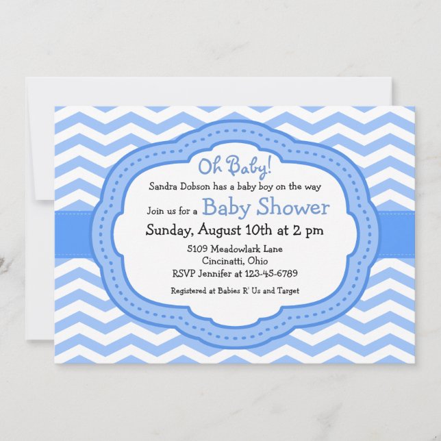 Invitation Oh Baby Blue Chevron Baby shower (Devant)