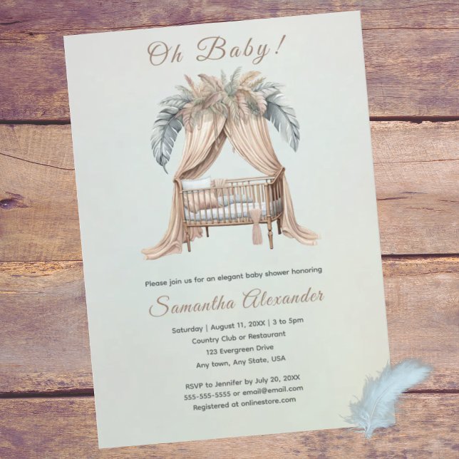 Invitation Oh Baby boho baby shower (Oh Baby! Boho feathers on crib.  Baby shower invitation. Soft peach, dusty blue. Whimsical.)