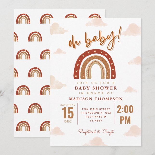 Invitation Oh Baby Boho Terracotta Rainbow Clouds Baby shower (Devant / Derrière)